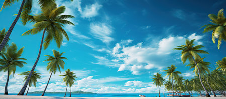 Tropical beach with palm trees and blue sky with white cloudsの素材