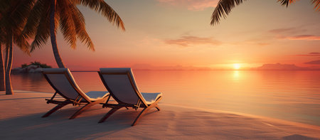 3D render of two chaise lounges on a tropical beach at sunsetの素材