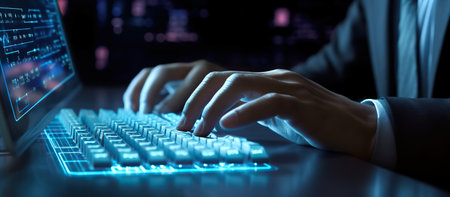 Close up of hacker hands typing on keyboard at night. Hacking conceptの素材