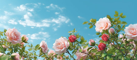 Blossoming roses on a background of blue sky with white cloudsの素材