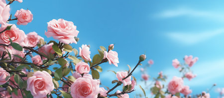 Blossoming branch of pink camellia on blue sky backgroundの素材
