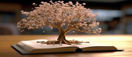 Tree on a book. 3D render. Conceptual image.の素材