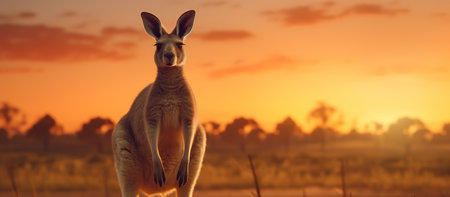 Kangaroo at sunset in Australia. Panoramic image.の素材