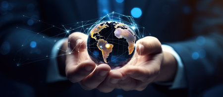 Businessman on blurred background holding and touching 3D rendering glowing earth globeの素材