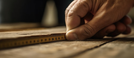 Close-up of a man measuring a piece of wood with a rulerの素材