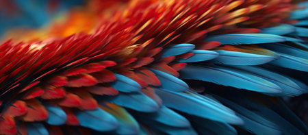 Macro shot of colorful feathers. Selective focus and shallow depth of field.の素材