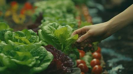 Close up of woman's hand picking fresh organic lettuce from hydroponic farmの素材