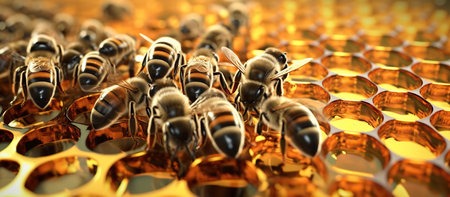 3d rendering of bees working in honeycombs. Computer digital image.の素材