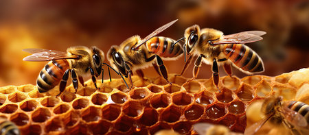 Close up view of the working bees on honeycells. Honey production concept.の素材