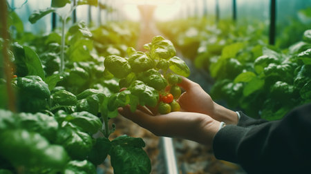 Close up of woman hand holding tomatoes in greenhouse, selective focus.の素材
