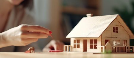Close up of woman hands holding wooden house model. Real estate conceptの素材