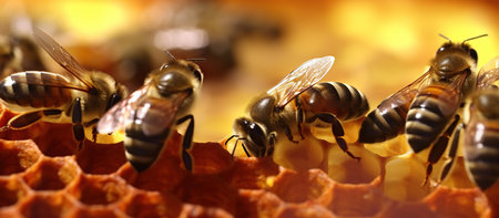 Close up view of the working bees on honeycells. Honey is beekeeping healthy produce.の素材