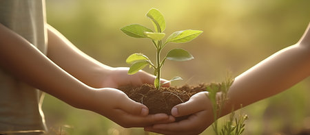 Hands holding young green plant with soil on nature background. Ecology conceptの素材