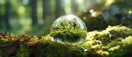 Crystal ball in the forest with green moss and bokeh backgroundの素材