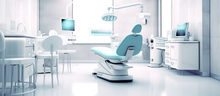 Interior of a modern dental office with blue chair and equipment. 3d renderingの素材