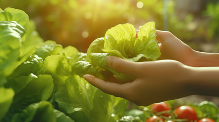 Close up of hand holding fresh lettuce in hydroponic vegetable gardenの素材