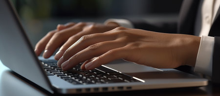 Close-up of female hands typing on laptop keyboard at table in officeの素材