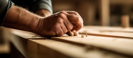 Carpenter working with wood in his workshop, close-upの素材