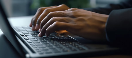 Close up of businessman hands typing on laptop keyboard. Close up of male hands typing on computer keyboard.の素材