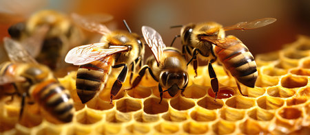 Close up view of the working bees on honeycells. Honey is beekeeping healthy produce.の素材