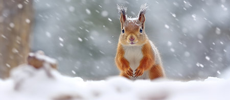 Squirrel in winter forest. Red squirrel in snowy forest. Wild animal in winter forest.の素材