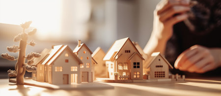 Real estate concept. Close up of a woman holding a miniature houseの素材