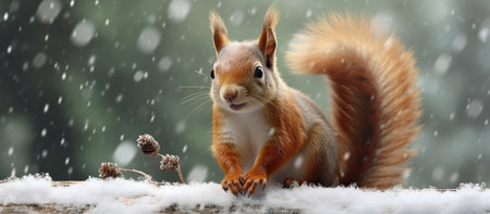 Red squirrel sits on the snow in the winter forest and eats nutsの素材
