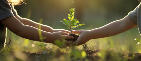Close-up of two children hands holding a sprout in the ground.の素材