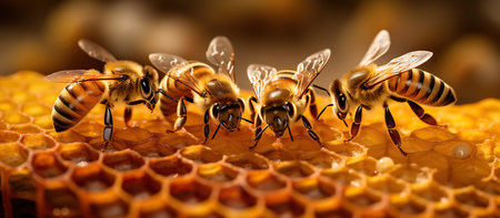 Close up view of the working bees on honeycells. Bee honey production.の素材