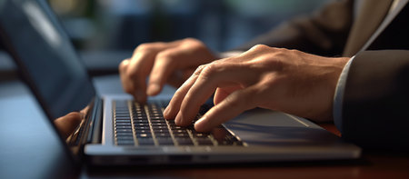 Businessman working on laptop in office. Closeup of male hands typing on keyboard.の素材