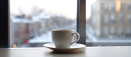 Coffee cup on the windowsill in the morning with city viewの素材