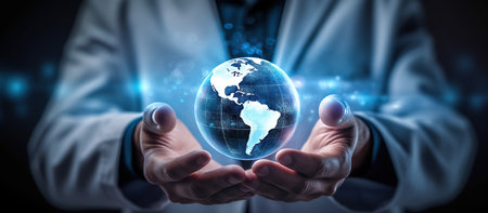 Businessman on blurred background holding and touching digital earth 3D renderingの素材