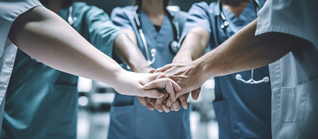 Doctors and nurses in a medical team stacking hands together, teamwork conceptの素材