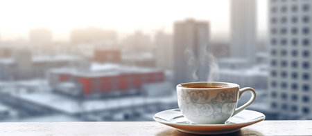 Coffee cup on the table with city background. 3d renderingの素材
