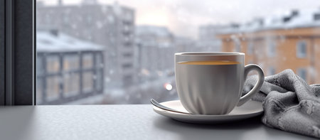 Cup of coffee on the windowsill in winter. 3d renderingの素材