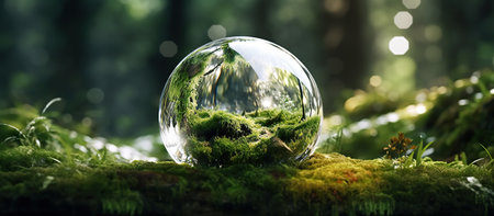 Crystal ball on mossy forest floor. 3D rendering. Panorama.の素材