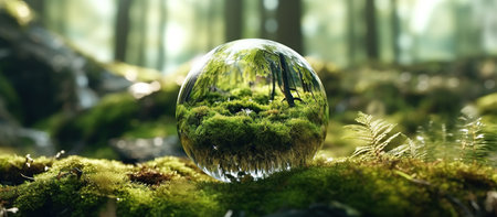 Crystal ball in a green mossy forest. 3d rendering.の素材