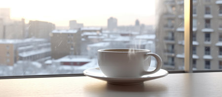 Cup of coffee on the windowsill against the background of the cityの素材