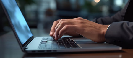 Cropped image of businessman typing on laptop keyboard at table in officeの素材