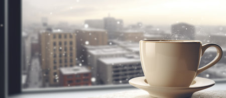 Cup of coffee on the background of the city and snow.の素材