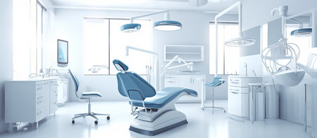 3d rendering of a dental office interior with dentist chair and equipmentの素材