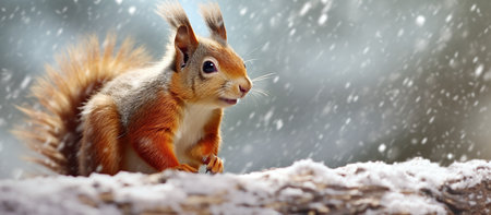 Red squirrel sits on the snow in the winter forest and eats nuts.の素材