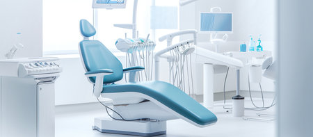 Interior of a modern dental office with blue chair and equipment. 3d renderingの素材