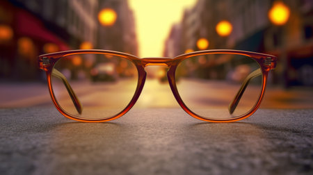 Glasses on the background of the night city. 3d renderingの素材