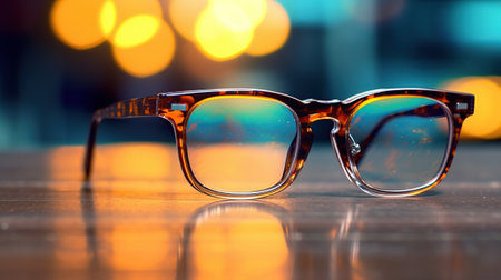 eyeglasses on wooden table with bokeh light in backgroundの素材