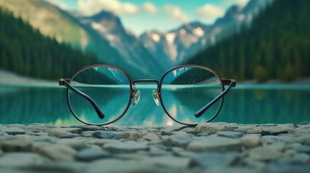 Glasses on the background of a mountain lake. Glasses on the background of a mountain lake.の素材