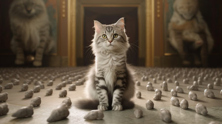 British Shorthair cat sitting on the floor and looking at the cameraの素材