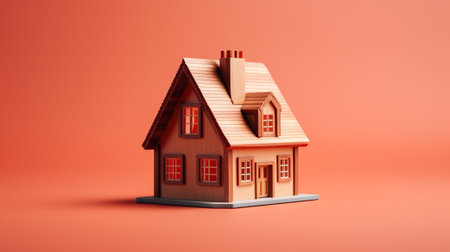 House model on a red background. 3D illustration. 3D rendering.の素材