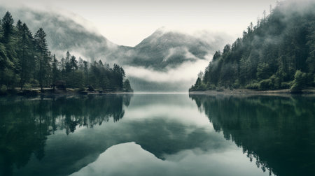 Beautiful alpine lake with fog and reflection in the water.の素材