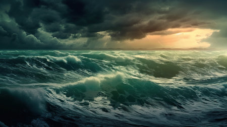 Stormy sea with stormy sky and sun. 3d renderingの素材